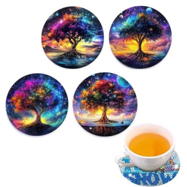 Imagem de 4 kits de pintura de diamante 5D, porta-copos circulares, árvore para adultos, broca completa, pintura faça você mesmo com kits de arte de diamante para adultos, porta-copos com ponto cruz de cristal