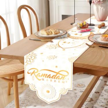 Imagem de Caminho de mesa Ramadan Kareem, padrão de lua e lanterna, corredor de mesa em ouro branco com borda irregular, decorações de jantar de cozinha Eid sazonal para decoração de festas islâmicas em casa