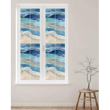 Imagem de Película de privacidade para janela abstrata onda do oceano vitral película decorativa protetor solar capa de janela praia azul ombré adesivo autoadesivo estático para porta de vidro de banheiro 45 x