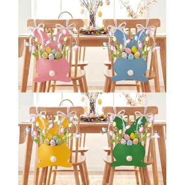 Imagem de Moukeren 4 peças de cadeira de coelhinho da Páscoa, costas pastel, bolso para cadeira de jantar, bolsos de armazenamento, sacos com alças de gravata para decoração de festa de caça aos ovos de Páscoa