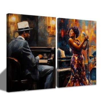 Imagem de CCWACPP 2 peças de arte de parede de música imagens em tela jazz preto pintura musical afro-americana tema musical quarto bar pub decoração de casa emoldurada (61 x 91 x 5)