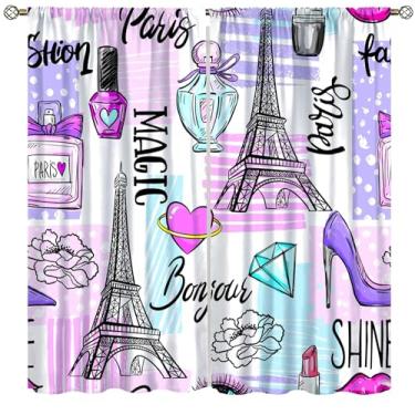 Imagem de VUMIVI Cortinas românticas modernas coloridas salto alto perfume batom flores diamantes janela tratamentos para meninas crianças quarto sala de estar sala de jantar 107 cm L x 113 cm C