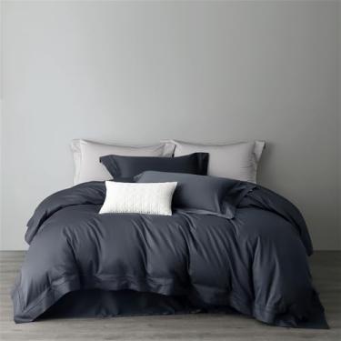 Imagem de Conjunto de cama em cetim de algodão, cor sólida, macio e sedoso, com capa de edredom, lençol de baixo, lençol de baixo com elástico e fronhas, cinza escuro. Lençol de baixo com 1,5 m de largura.