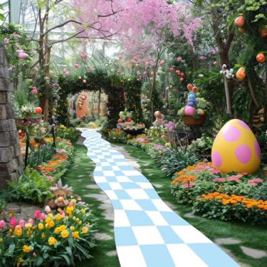 Imagem de Tapete quadriculado azul e branco para decoração de festa Wonderland 305 x 61 cm, tapete quadriculado do país das maravilhas para tema de conto de fadas, aniversário, chá de bebê, chá de mesa