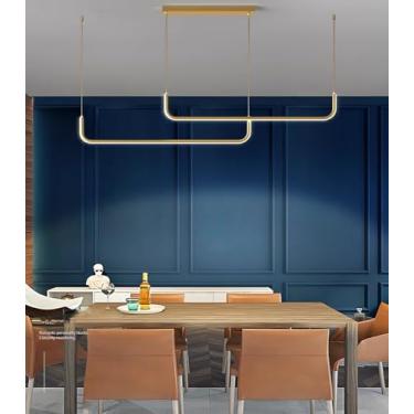 Imagem de Luminária pendente moderna e simples em LED, em formato de U, com altura ajustável, 150 cm, dimerizável, com controle remoto, ideal para sala de jantar, escritório e bar (dourada, B150)