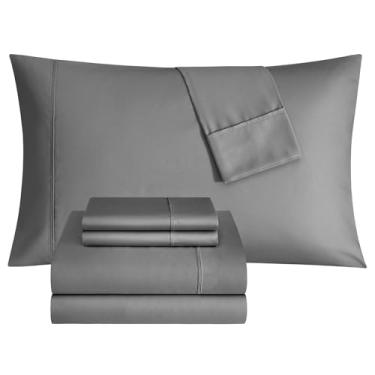 Imagem de Thomasville Jogo de lençol 1500 fios de cetim rico em algodão premium com 6 peças, 4 fronhas, 1 lençol com elástico, 1 lençol de cima, serve para colchões de até 45,7 cm de profundidade, tamanho Queen