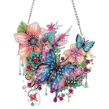 Imagem de DOMROM Kits de pendurar arte de diamante de borboleta para adultos iniciantes, pingente de borboleta com pintura de diamante de cristal de formato especial, arte de diamante faça você mesmo