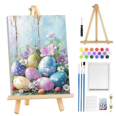 Imagem de MOGTAA Kit de pintura por números para adultos iniciantes com moldura, ovos de páscoa kits de pintura por números em tela com cavalete, kits de pintura a óleo de flores DIY fáceis para decoração de