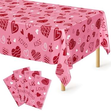 Imagem de Pacote com 4 toalhas de mesa de plástico para Dia dos Namorados, lembrancinhas de festa de Dia dos Namorados, toalha de mesa romântica rosa vermelha de 137 x 274 cm, decoração Galentines para