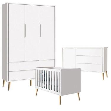 Imagem de Quarto De Bebê Theo 3 Portas Com Cômoda Branco Acetinado Pés Madeira Natural - Reller
