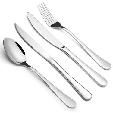 Imagem de Conjunto de talheres de prata de 4 peças com facas, garfo e colher, conjunto de talheres de aço inoxidável de grau alimentício, kit de talheres para uso diário para cozinha doméstica