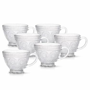 Imagem de Conjunto de Xícaras de Vidro Mandala, 6 Peças, 200ml, Decorativo com Relevo Floral, 11cm x 8.5cm, Transparente, Design Vintage (transparente, 220 ml, boehmia com Pires)