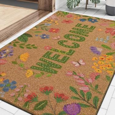 Imagem de Likiyol Tapete de porta floral de coco para entrada externa, tapete de boas-vindas de flores coloridas, capacho antiderrapante com mola, entrada interna, perfil baixo, 61 cm x 91 cm