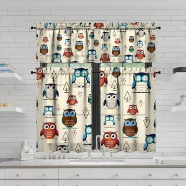 Imagem de Tapesb Conjunto de 3 peças Coruja Cortina de Cozinha Coruja Engraçada Pequena Janela Cortinas Sobre a Pia Decoração Essencial Adequado para Cozinha Quarto Lavandaria 69,8 x 91,4 cm