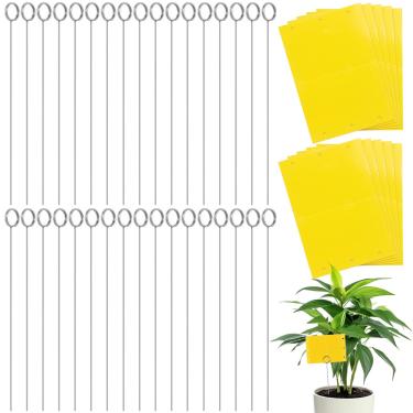 Imagem de Qualirey Kit de 50 armadilhas adesivas prateadas para mosquitos de fungos de plantas, inclui 25 cartas adesivas prateadas e 25 suportes dourados de arame longo, exterminador de armadilhas de insetos