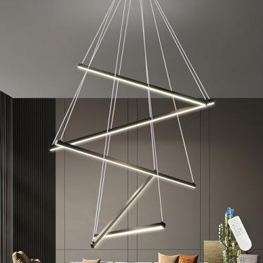 Imagem de Mccokaige Lustre de LED moderno de 5 luzes preto de 81 cm para sala de estar, lustre linear de LED regulável, quarto, lustres grandes para sala de jantar, luz pendente moderna para teto alto, sala de