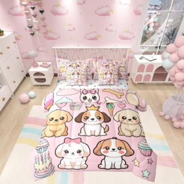 Imagem de Castle Fairy Jogo de cama casal de desenho animado de cachorro, cachorrinhos fofos, kawaii, para crianças, meninas, adorável família, conjunto de edredom de animais de estimação, rosa, 4 camas macias
