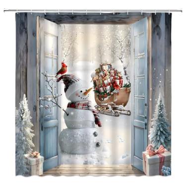 Imagem de YNFUQANLN Cortina de chuveiro de Natal, boneco de neve, inverno, porta de celeiro, Natal, pinheiros, floresta, floco de neve, férias, vintage, 177,8 cm L x 178 cm A, cortina de decoração de banheiro