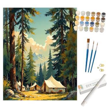 Imagem de Kit de pintura de cena de acampamento por números para adultos – DIY Mountain Tent Camp in Forest Painting enrolado em tela 40,6 x 50,8 cm, conjunto de tinta acrílica, adequado para iniciantes, arte
