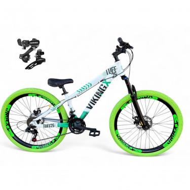 Imagem de Bicicleta Aro 26 Vikingx Tuff X25 Freeride Câmbios Shimano 21v Freio A Disco Aros Vmaxx Pneu Flame - Branco-verde