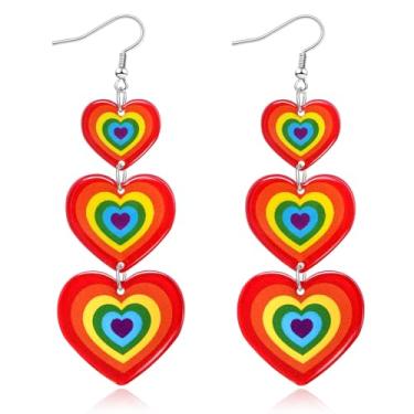 Imagem de Mintolex Brincos LGBTQ Rainbow Pride para mulheres, brincos de coração triplo amor pendurados para gays lésbicas, bissexuais, transgêneros, acessórios para o mês do orgulho, Acrílico, Sem pedra
