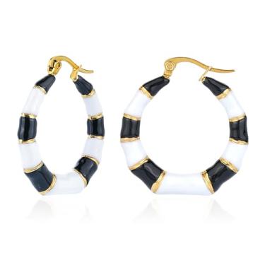 Imagem de TaYolnFaSo Brincos de argola de bambu para mulheres, banhado a ouro 18 quilates, esmaltado, joia de dois tons, presente de dia dos namorados para esposa e namorada, Aço inoxidável, Sem pedra preciosa