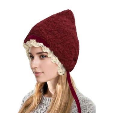Imagem de Gorro vintage, gorro de malha flexível Lolita com aba de renda, gorro de inverno, gorro de malha quente, chapéu de esqui, B vinho tinto, Tamanho Único
