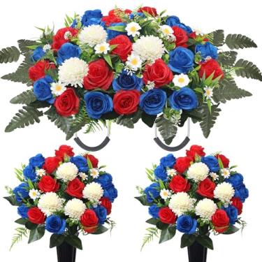 Imagem de Wocst 2 conjuntos de flores de cemitério para sepultura, lápide de flores, 2 conjuntos de 24 cabeças de crisântemos grandes, buquês de margaridas de rosa com vasos de cemitério para decorações de