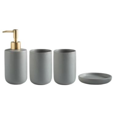 Imagem de KHUTRW3D Conjunto de 4 peças de acessórios de banheiro de cerâmica para banheiro, inclui dispensador de sabão de loção, copo de enxaguante bucal, garrafa de bomba de líquido para saboneteira (cinza)