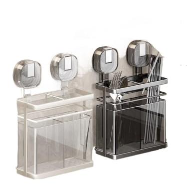 Imagem de Reforçado Suporte de pauzinho de ventosa de plástico, caixa de armazenamento de secagem por gotejamento de parede sem perfuração para pauzinhos(White)