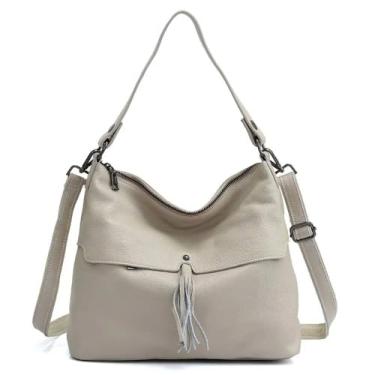 Imagem de Bolsa feminina de couro legítimo, bolsa tiracolo feminina com borla, ombro grande, Bege, Large