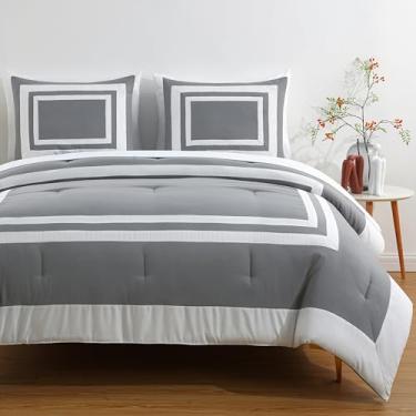 Imagem de Chezmoi Collection Wyatt Conjunto de edredom com cama king size California em uma bolsa, 7 peças, estilo hotel, lençol com lençol - estampa quadrada cinza/branca