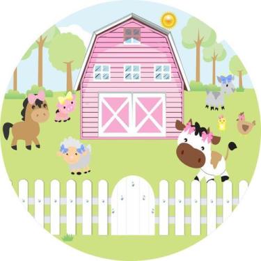 Imagem de Painel de Lona Redondo Fazendinha Animais e Celeiro Rosa - Fabrika De 