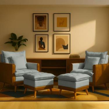 Imagem de Kit 2 Poltronas Sofá Reclinável Londres com 2 Puff Banqueta Almofadado