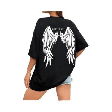 Imagem de Camiseta Feminina Oversized Com Estampa De Asas De Anjo Escuras Em Alg