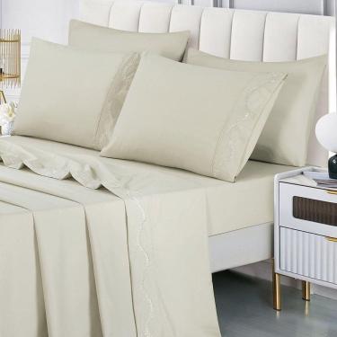 Imagem de Jogo De Cama Lençol Luminia Casal 4 Peças Micropercal 300 Fios Bordado Floral Bege 100%...