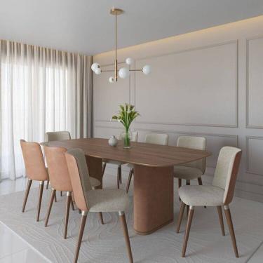 Imagem de Conjunto Sala de Jantar Lintz Retangular com 8 Cadeiras Giratórias com Pés em Madeira Maciça Dakota Off-White com Caramelo