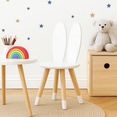 Imagem de Cadeira Infantil Orelha Coelho Pés em Madeira e Assento MDF Cor:Branco