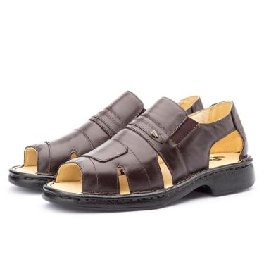 Imagem de Sandalia Masculina Em Couro Calce Facil Elastico Ortopedica Linha Conforto Forrada Maci...