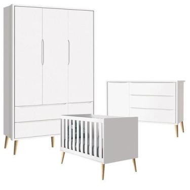 Imagem de Quarto de Bebê Theo 3 Portas com Cômoda Branco Acetinado Pés Madeira N