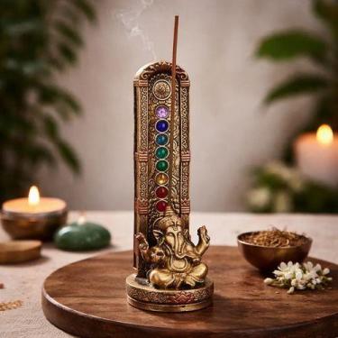 Imagem de Incensário Ganesha 7 Chakras Dourado Com Pedras Em Resina !! Ouro Com 