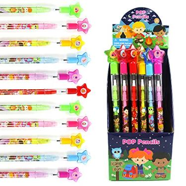 Imagem de TINYMILLS 24 peças de acampamento multipontos empilhável empurrar lápis sortido com borracha para prêmio de carnaval Goodie Bag Stuffers Party Favors for July 4th BBQ