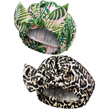 Imagem de 2 peças de toucas de banho para mulheres, impermeáveis, reutilizáveis, toucas de cabelo de chuveiro com bainha elástica turbante para cabelo longo, curto e encaracolado para mulheres e meninas (folha de palmeira e leopardo)