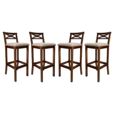 Imagem de Kit 4 Banquetas Alta X Estofada 38x104Cm Ilha Encosto Madri Madeira Maciça Castanho Suede Bege - CCS