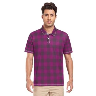 Imagem de JUNZAN Camisa polo masculina Buffalo xadrez azul preto creme manga curta camisa polo golfe para uso ao ar livre casual P, Xadrez de búfalo violeta de Halloween, XXG