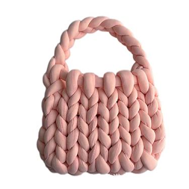 Imagem de OXYPLAY Bolsa de mão grossa e volumosa de lã gigante, bolsa de ombro de malha de fio grosso, bolsa macia casual, bolsa balde trançada DIY, rosa