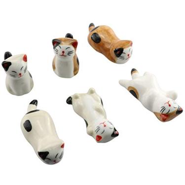 Imagem de Tegg 6 peças com design de gato fofo pauzinhos descanso estilo japonês colher de jantar cerâmica suporte garfo faca arte cozinha artesanato talheres