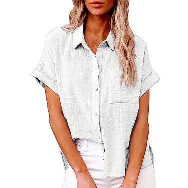 Imagem de Camiseta feminina de verão, de linho, manga curta, cor sólida, caimento solto, gola V, botão, túnica, Branco, 5G