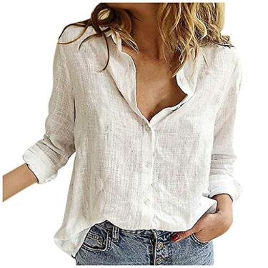 Imagem de Camiseta feminina de verão de linho de manga comprida, caimento solto, cor lisa, gola V, botão, túnica, Branco, GG