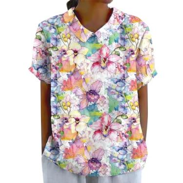 Imagem de Camisetas femininas de verão de manga curta, floral, casual, solta, gola de lapela, túnica moderna estampada, Roxa, M